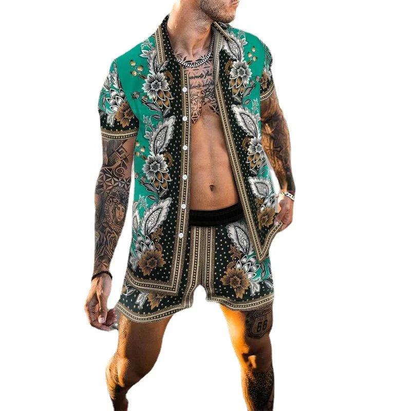 Summer Men's Shirt Loose Short Sleeve Shorts Beach Suit Quick Drying
